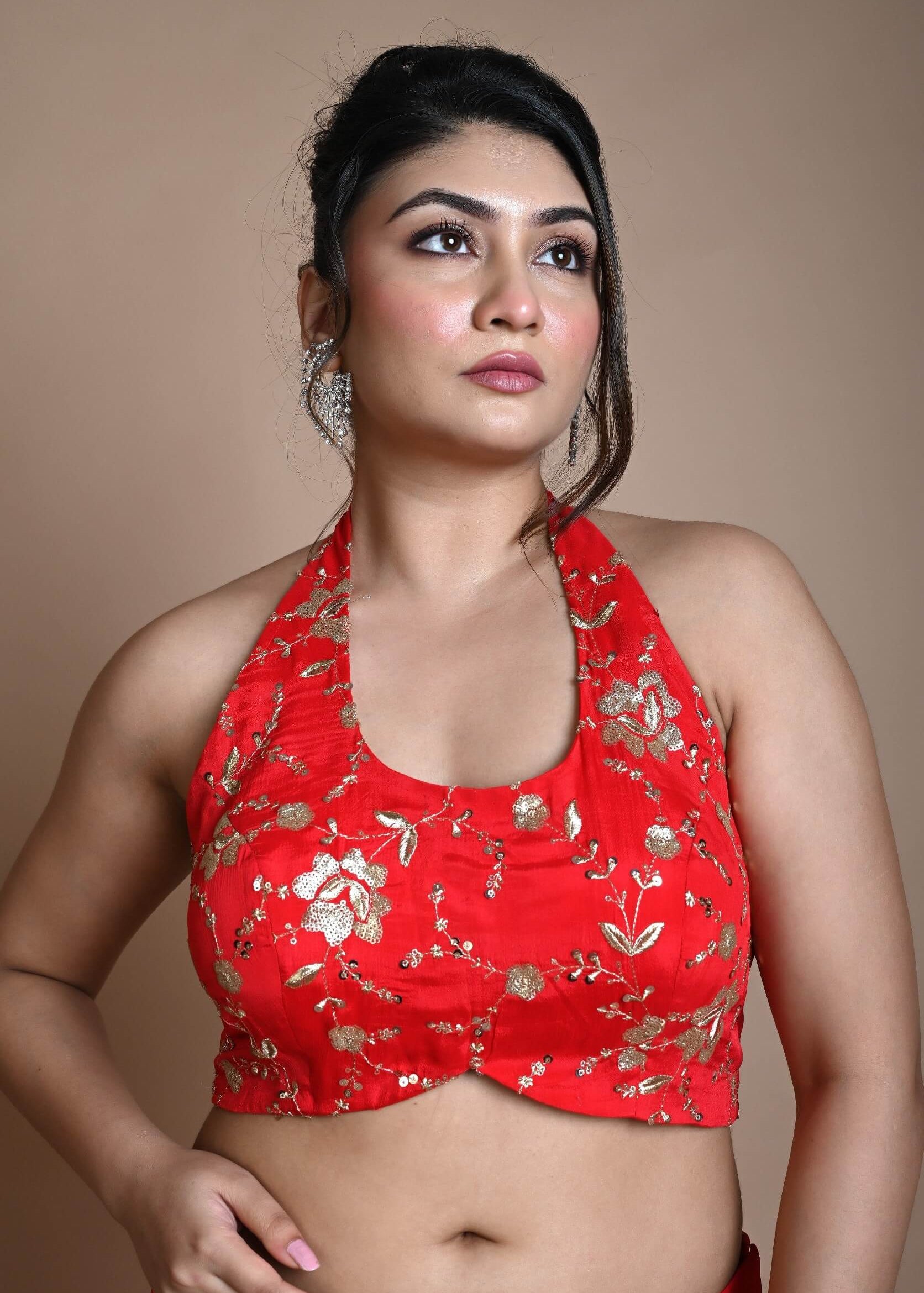Red Hand Embroidered Halter Neck Blouse in Silk - Anvi Couture