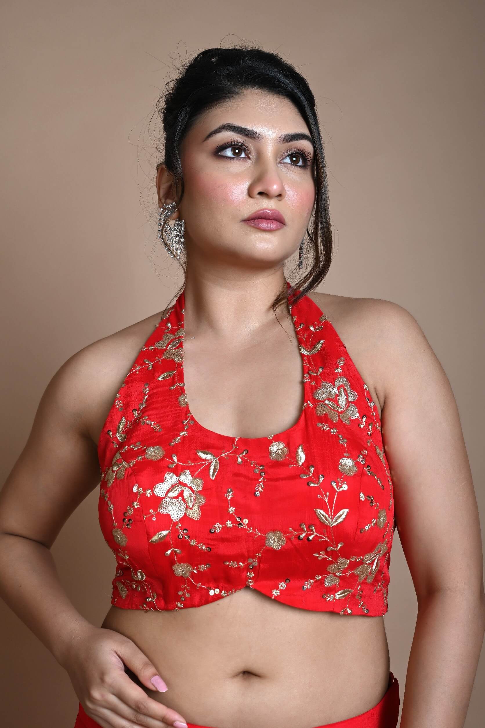 Red Hand Embroidered Halter Neck Blouse in Silk - Anvi Couture