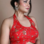 Red Hand Embroidered Halter Neck Blouse in Silk - Anvi Couture
