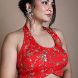 Red Hand Embroidered Halter Neck Blouse in Silk - Anvi Couture