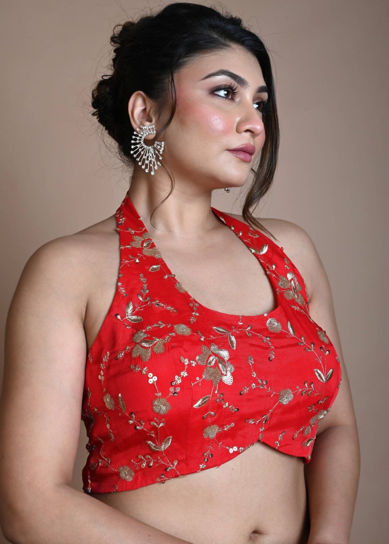 Red Hand Embroidered Halter Neck Blouse in Silk - Anvi Couture