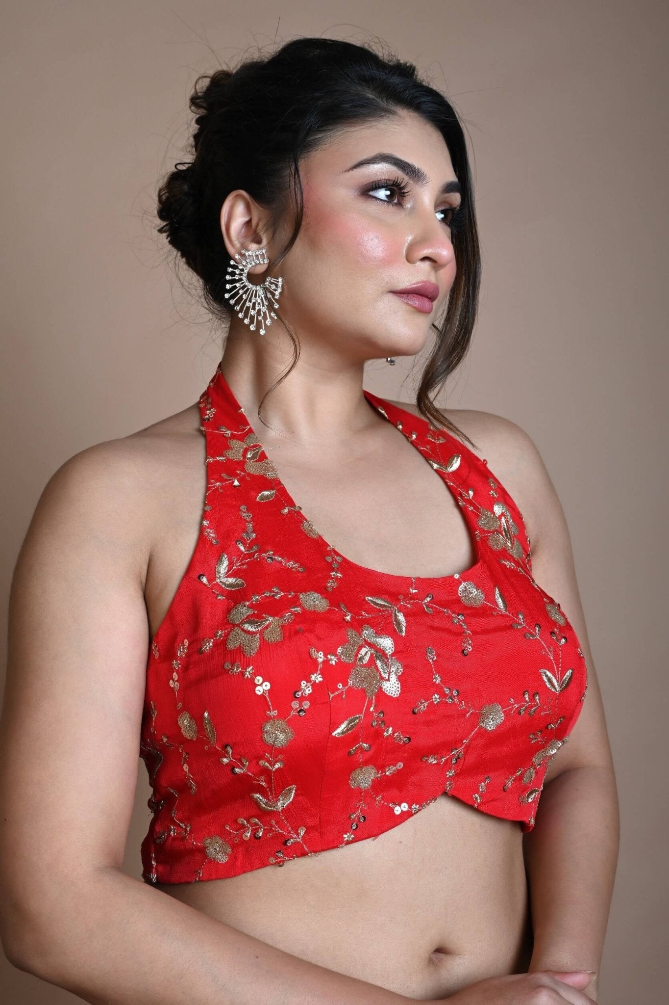 Red Hand Embroidered Halter Neck Blouse in Silk - Anvi Couture