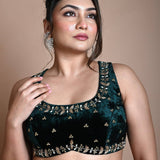 Green Backless Zardozi Hand Embroidered Sleeveless Blouse in Velvet - Anvi Couture