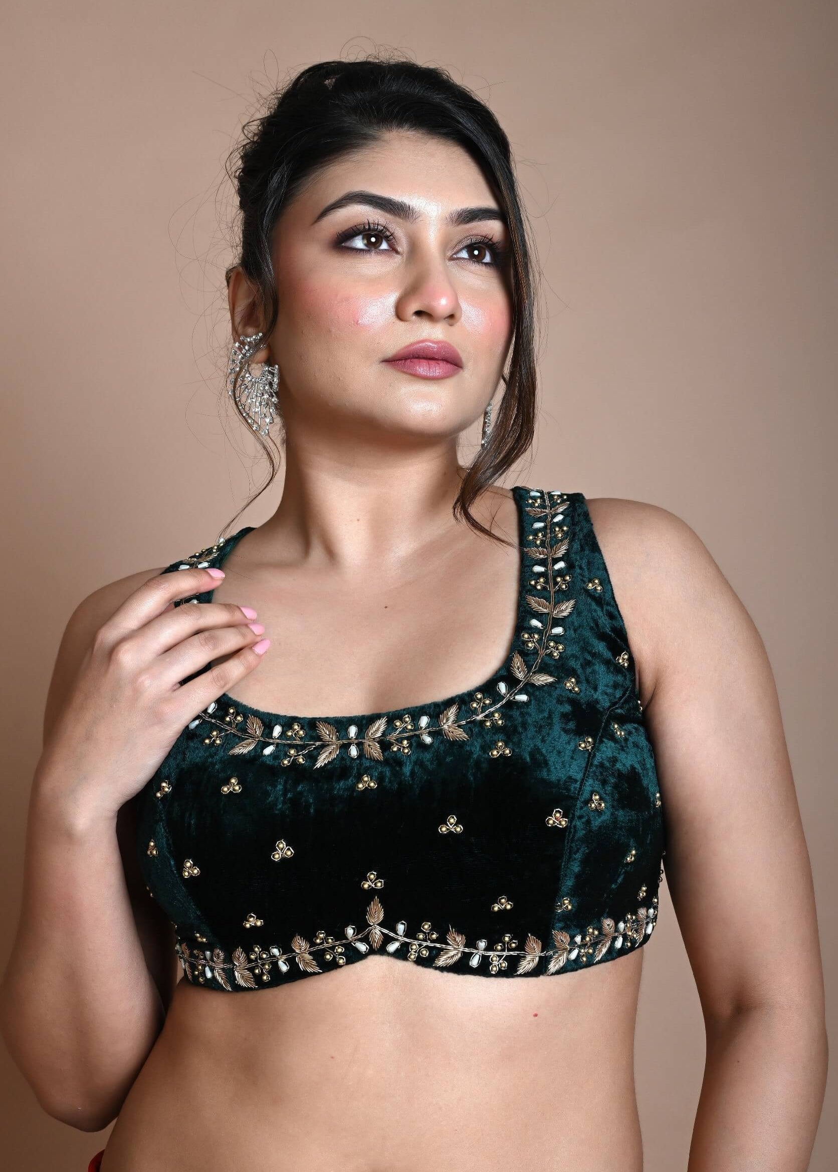 Green Backless Zardozi Hand Embroidered Sleeveless Blouse in Velvet - Anvi Couture