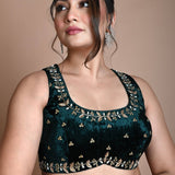 Green Backless Zardozi Hand Embroidered Sleeveless Blouse in Velvet - Anvi Couture