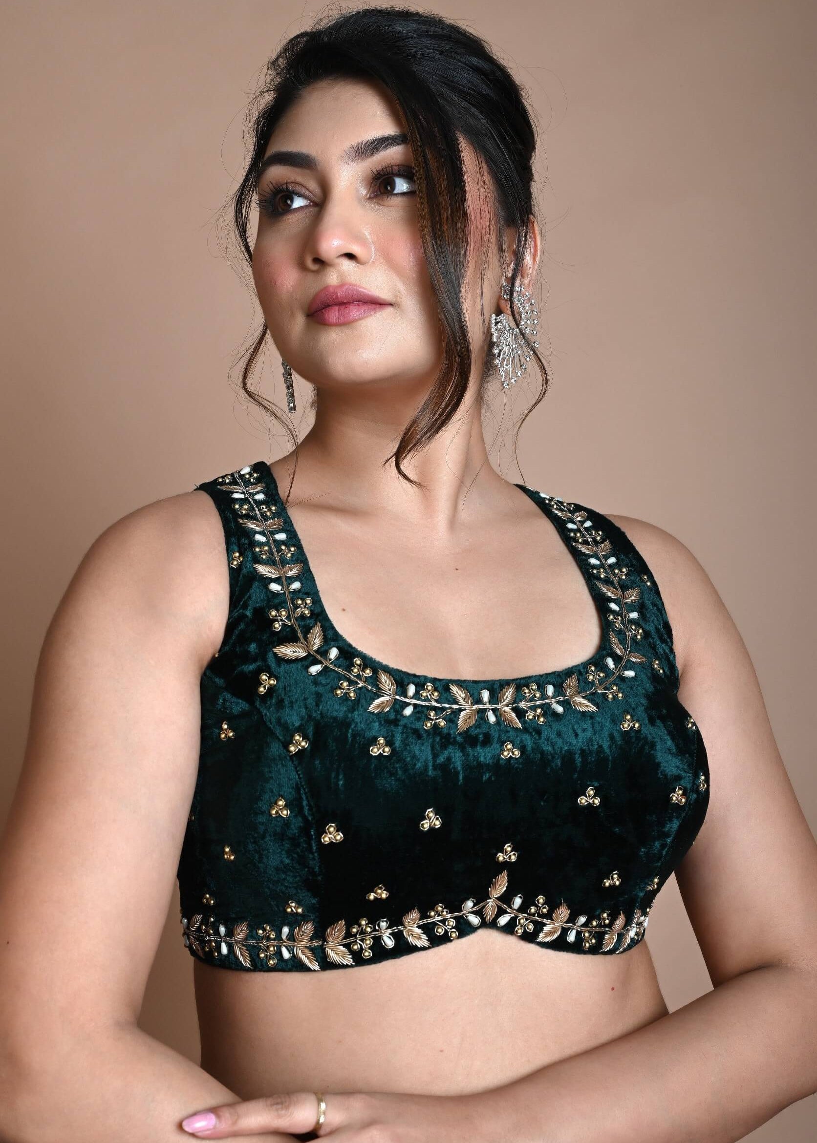 Green Backless Zardozi Hand Embroidered Sleeveless Blouse in Velvet - Anvi Couture