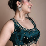 Green Backless Zardozi Hand Embroidered Sleeveless Blouse in Velvet - Anvi Couture