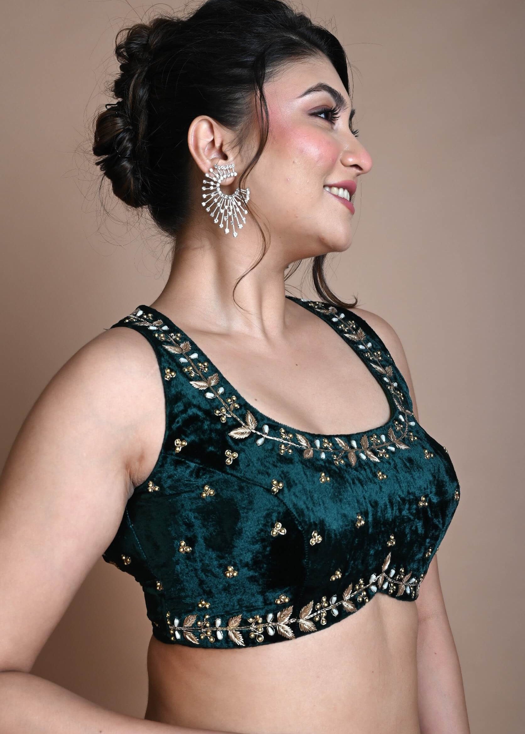 Green Backless Zardozi Hand Embroidered Sleeveless Blouse in Velvet - Anvi Couture