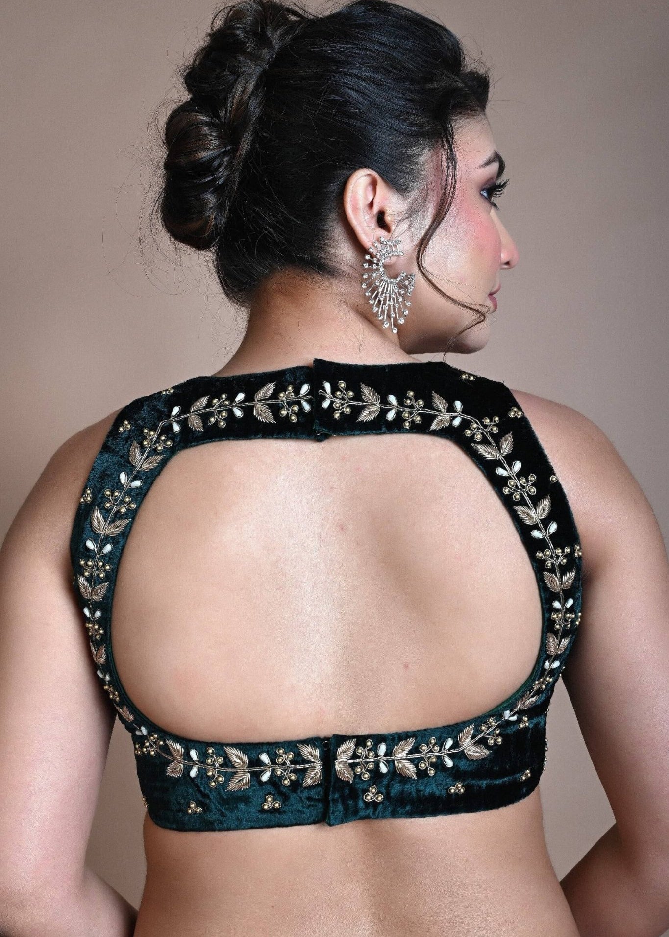 Green Backless Zardozi Hand Embroidered Sleeveless Blouse in Velvet - Anvi Couture