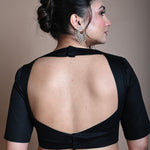 Black Backless Blouse in Cotton with Square Neckline with Half Sleeve - Anvi Couture
