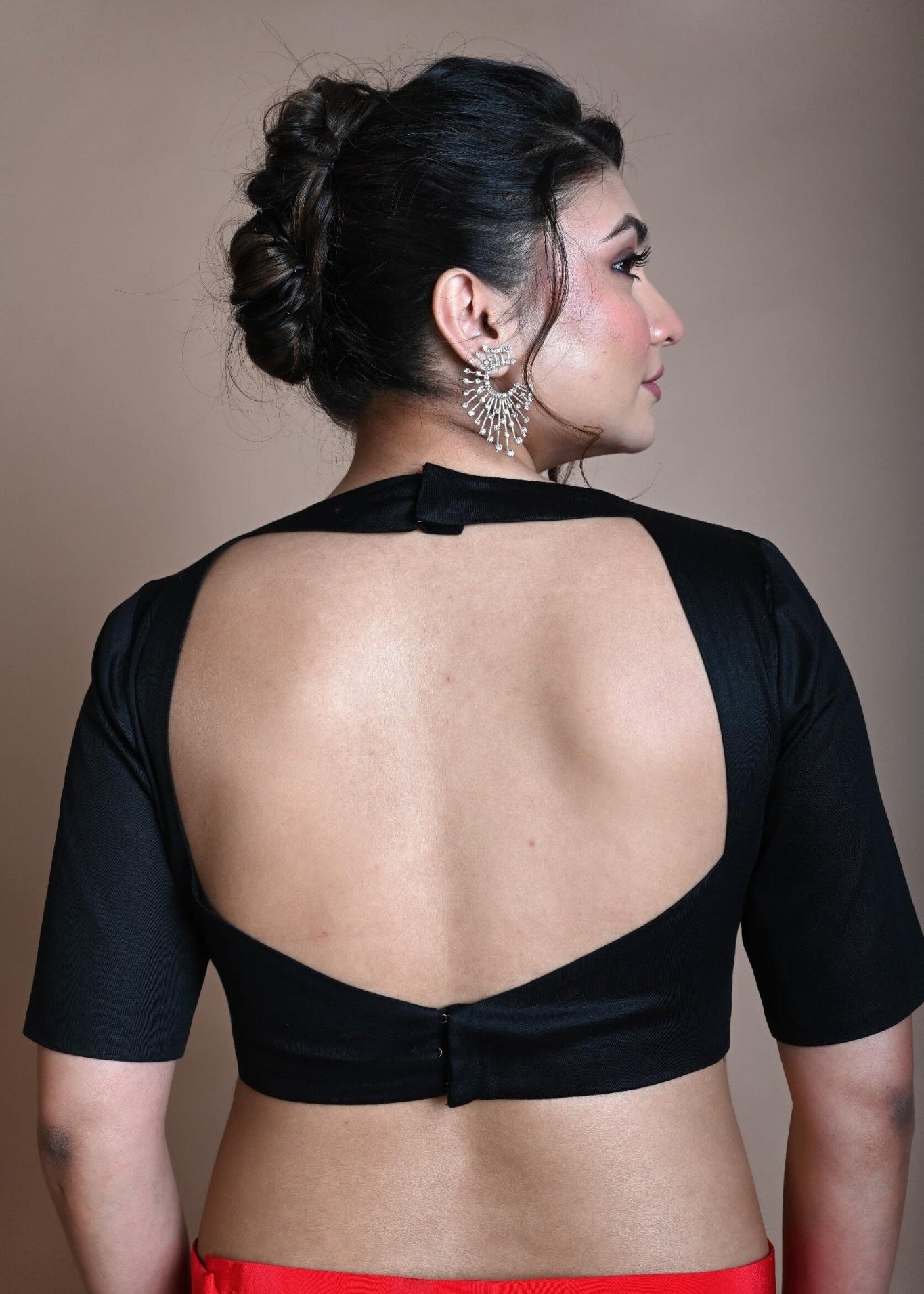 Black Backless Blouse in Cotton with Square Neckline with Half Sleeve - Anvi Couture