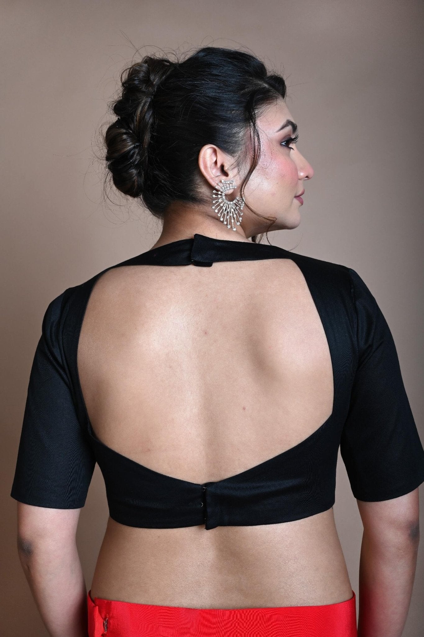 Black Backless Blouse in Cotton with Square Neckline with Half Sleeve - Anvi Couture