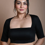 Black Backless Blouse in Cotton with Square Neckline with Half Sleeve - Anvi Couture