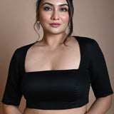 Black Backless Blouse in Cotton with Square Neckline with Half Sleeve - Anvi Couture