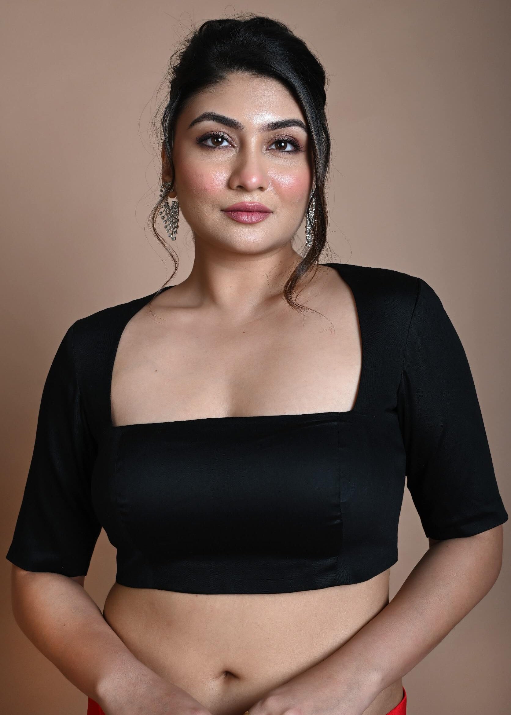 Black Backless Blouse in Cotton with Square Neckline with Half Sleeve - Anvi Couture