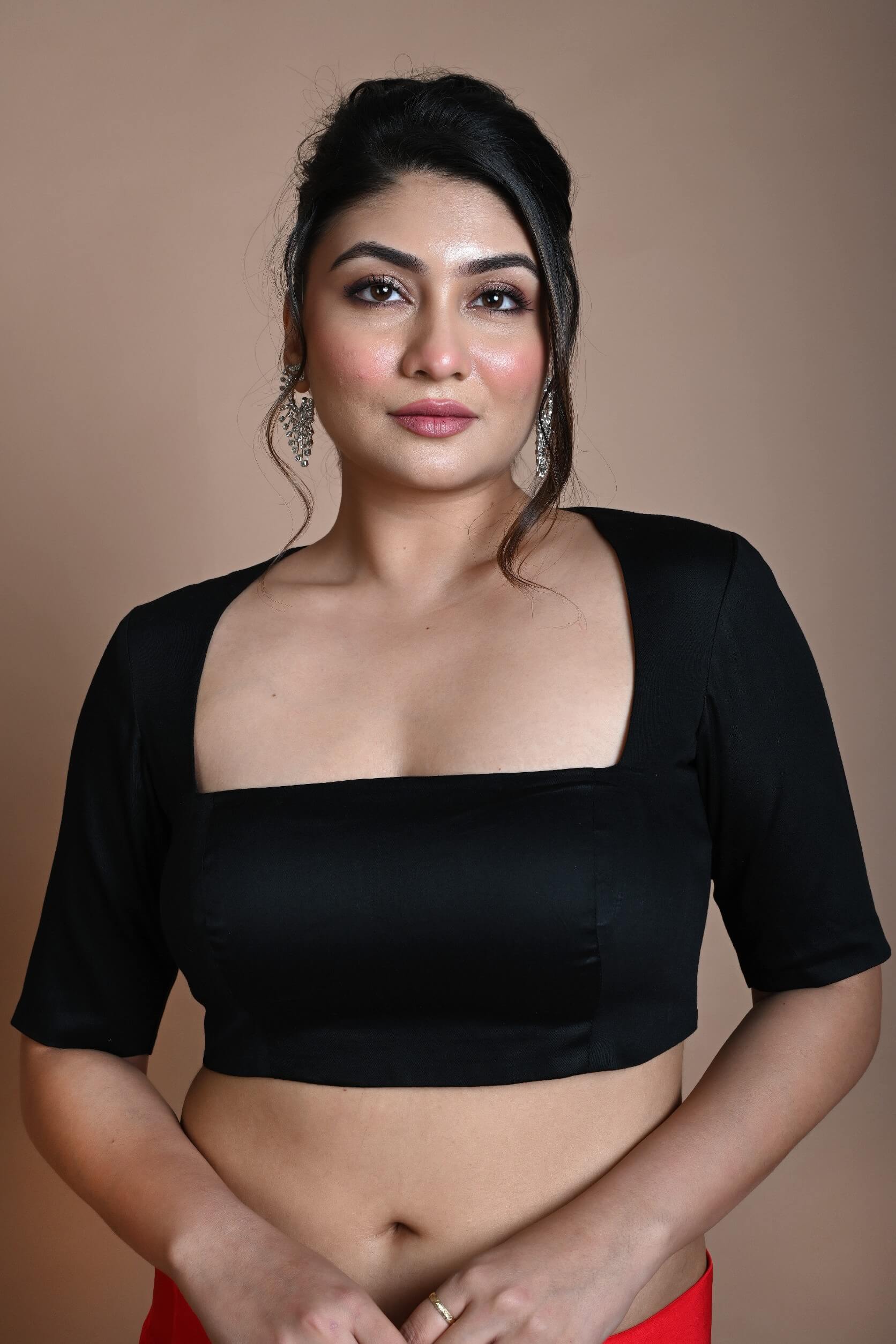 Black Backless Blouse in Cotton with Square Neckline with Half Sleeve - Anvi Couture