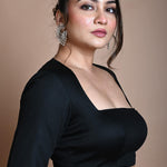 Black Backless Blouse in Cotton with Square Neckline with Half Sleeve - Anvi Couture