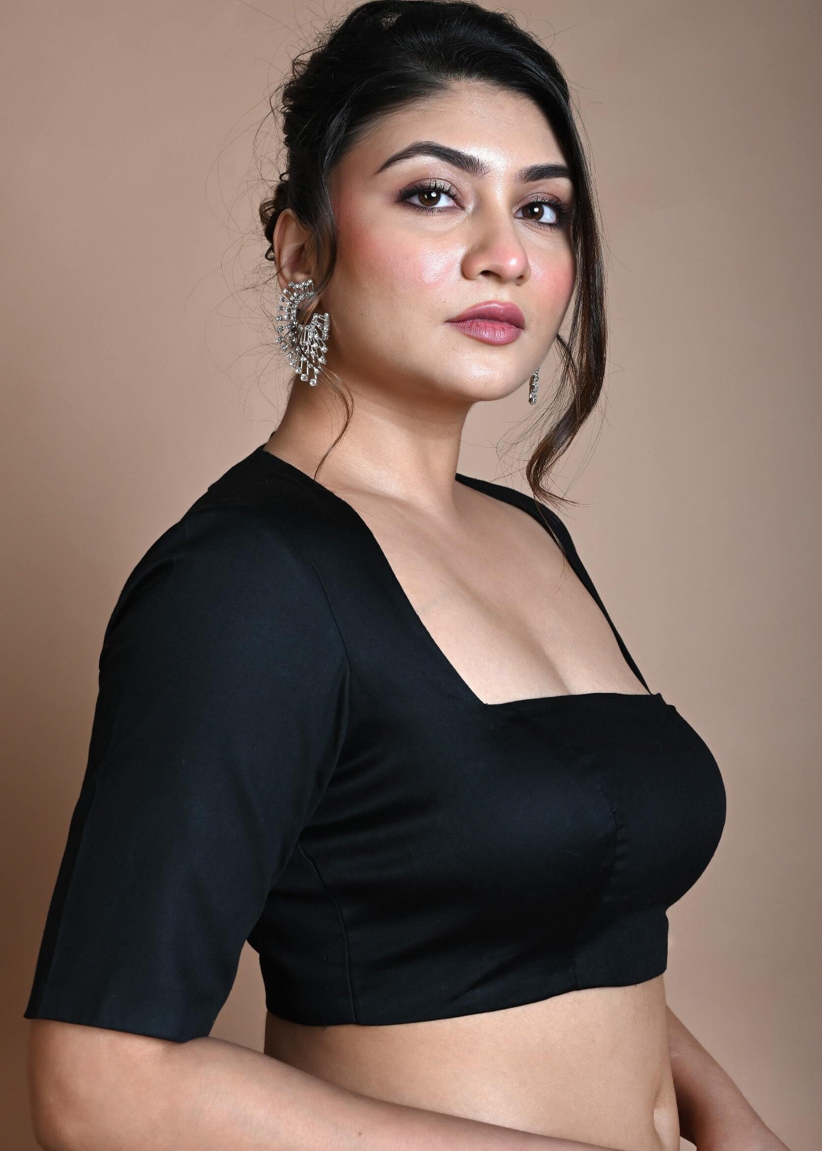 Black Backless Blouse in Cotton with Square Neckline with Half Sleeve - Anvi Couture