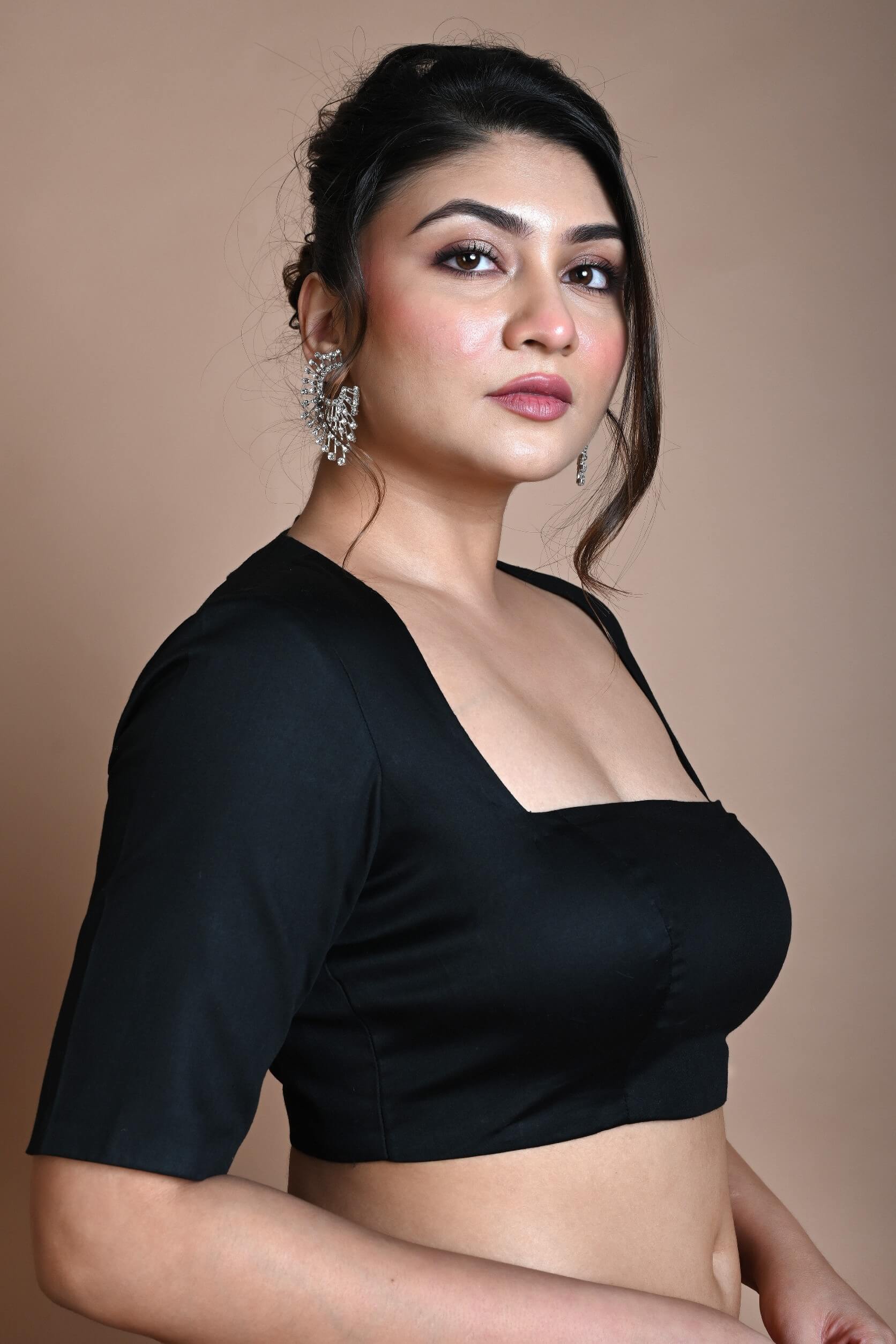Black Backless Blouse in Cotton with Square Neckline with Half Sleeve - Anvi Couture