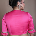 Rani Pink Blouse in Satin Silk with Deep V Neckline and Ruffle Sleeves - Anvi Couture