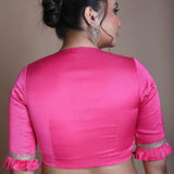Rani Pink Blouse in Satin Silk with Deep V Neckline and Ruffle Sleeves - Anvi Couture
