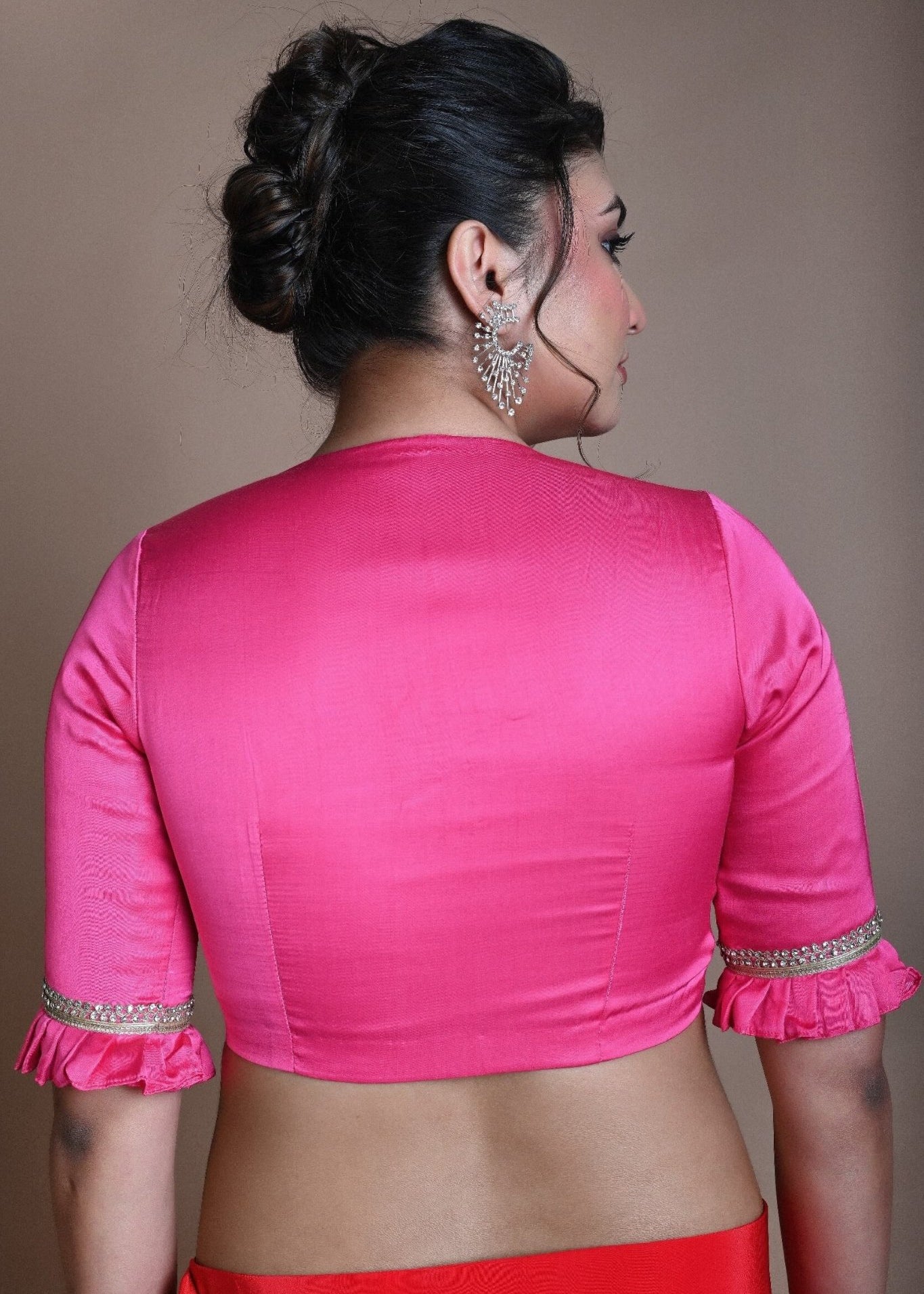 Rani Pink Blouse in Satin Silk with Deep V Neckline and Ruffle Sleeves - Anvi Couture
