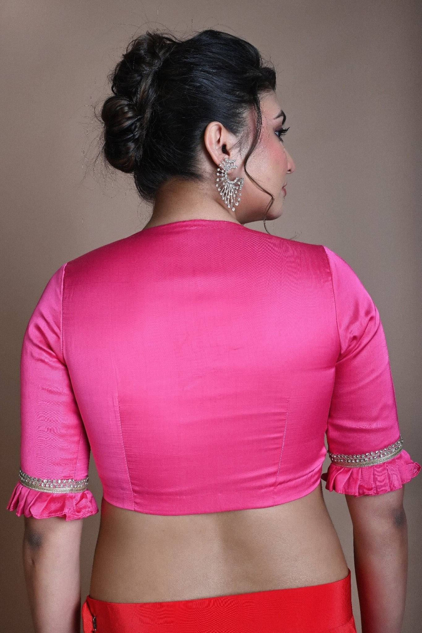 Rani Pink Blouse in Satin Silk with Deep V Neckline and Ruffle Sleeves - Anvi Couture