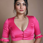 Rani Pink Blouse in Satin Silk with Deep V Neckline and Ruffle Sleeves - Anvi Couture