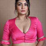 Rani Pink Blouse in Satin Silk with Deep V Neckline and Ruffle Sleeves - Anvi Couture