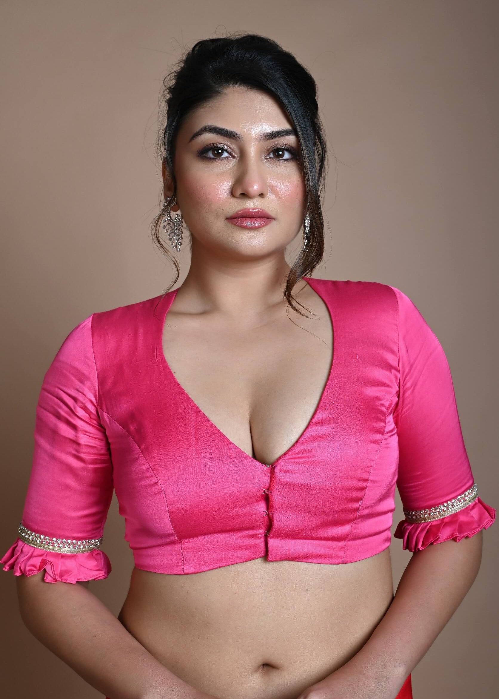 Rani Pink Blouse in Satin Silk with Deep V Neckline and Ruffle Sleeves - Anvi Couture