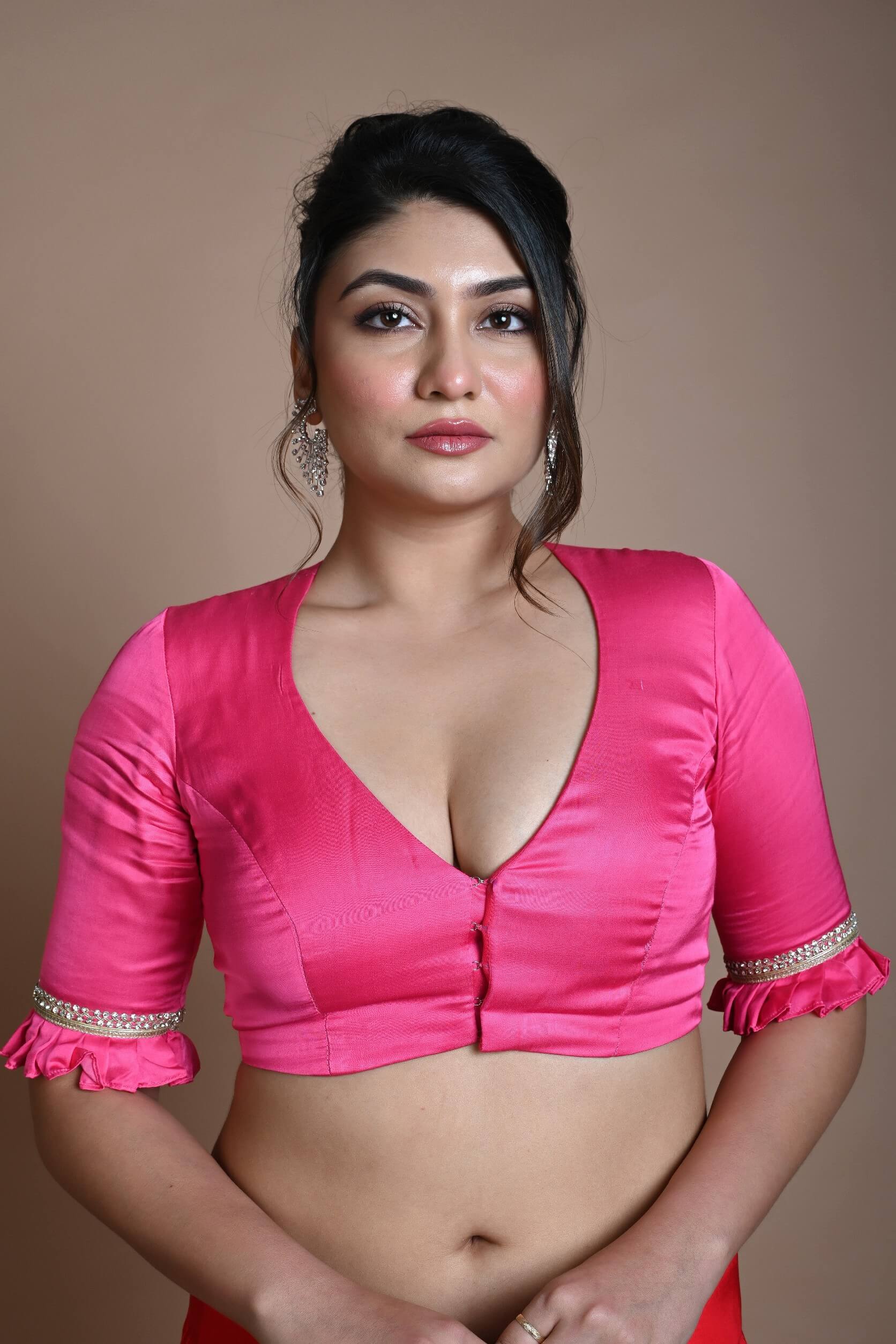 Rani Pink Blouse in Satin Silk with Deep V Neckline and Ruffle Sleeves - Anvi Couture