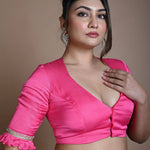 Rani Pink Blouse in Satin Silk with Deep V Neckline and Ruffle Sleeves - Anvi Couture