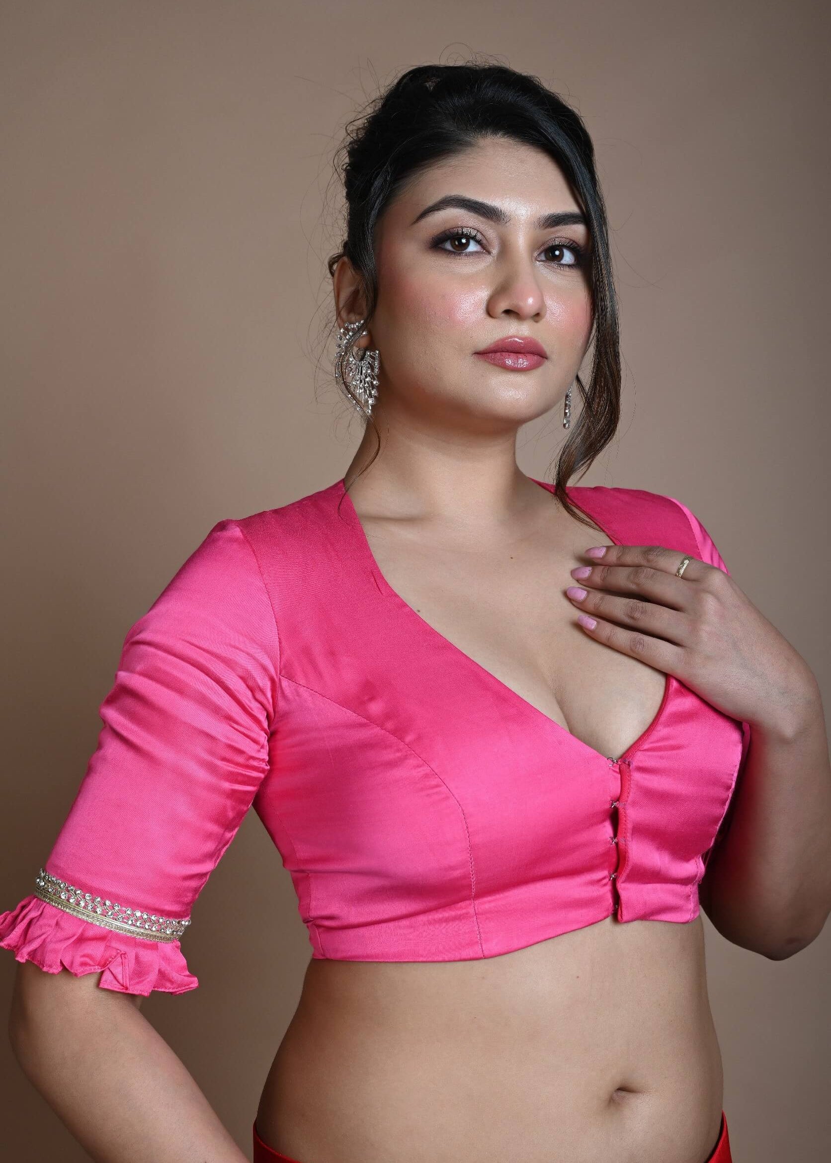 Rani Pink Blouse in Satin Silk with Deep V Neckline and Ruffle Sleeves - Anvi Couture