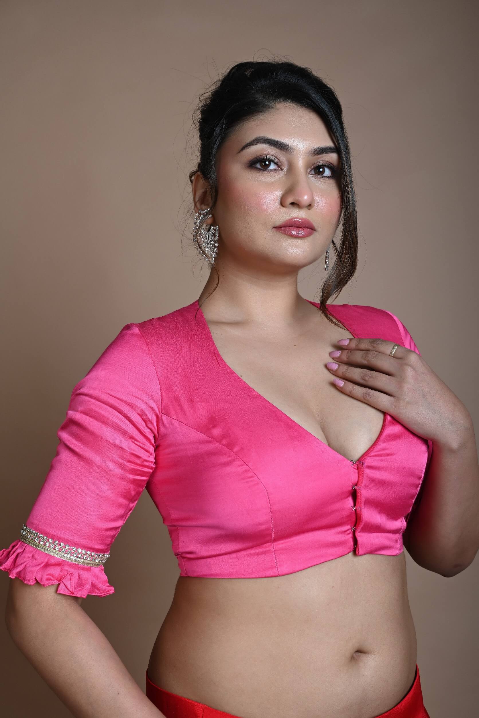 Rani Pink Blouse in Satin Silk with Deep V Neckline and Ruffle Sleeves - Anvi Couture