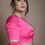Rani Pink Blouse in Satin Silk with Deep V Neckline and Ruffle Sleeves - Anvi Couture