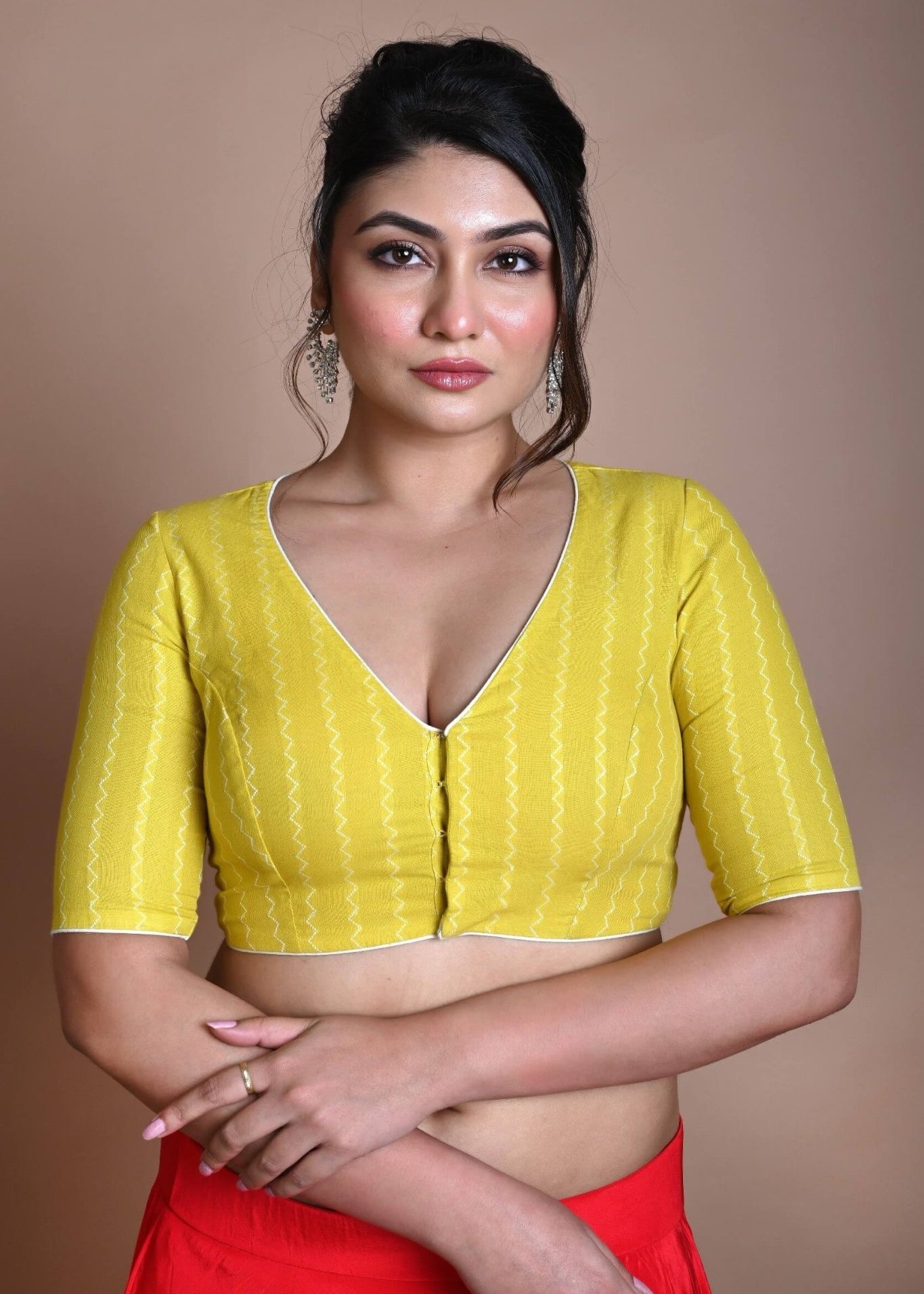 Yellow Half Sleeve Blouse in Cotton with Deep V Neckline - Anvi Couture