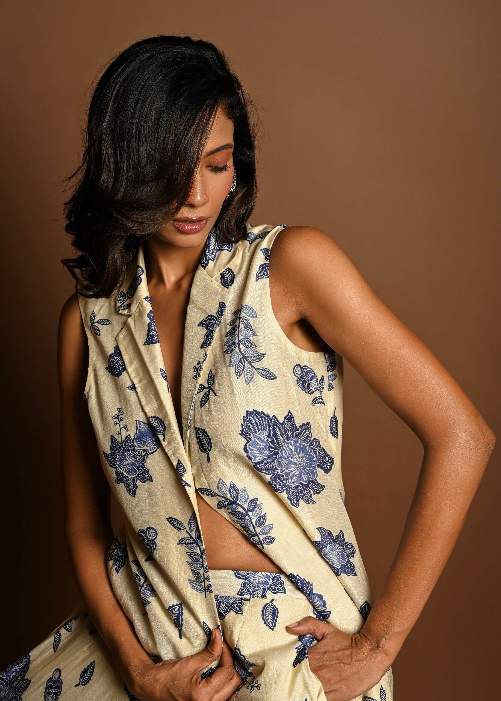 Long Jacket and Pant Set in Floral Prints - Anvi Couture
