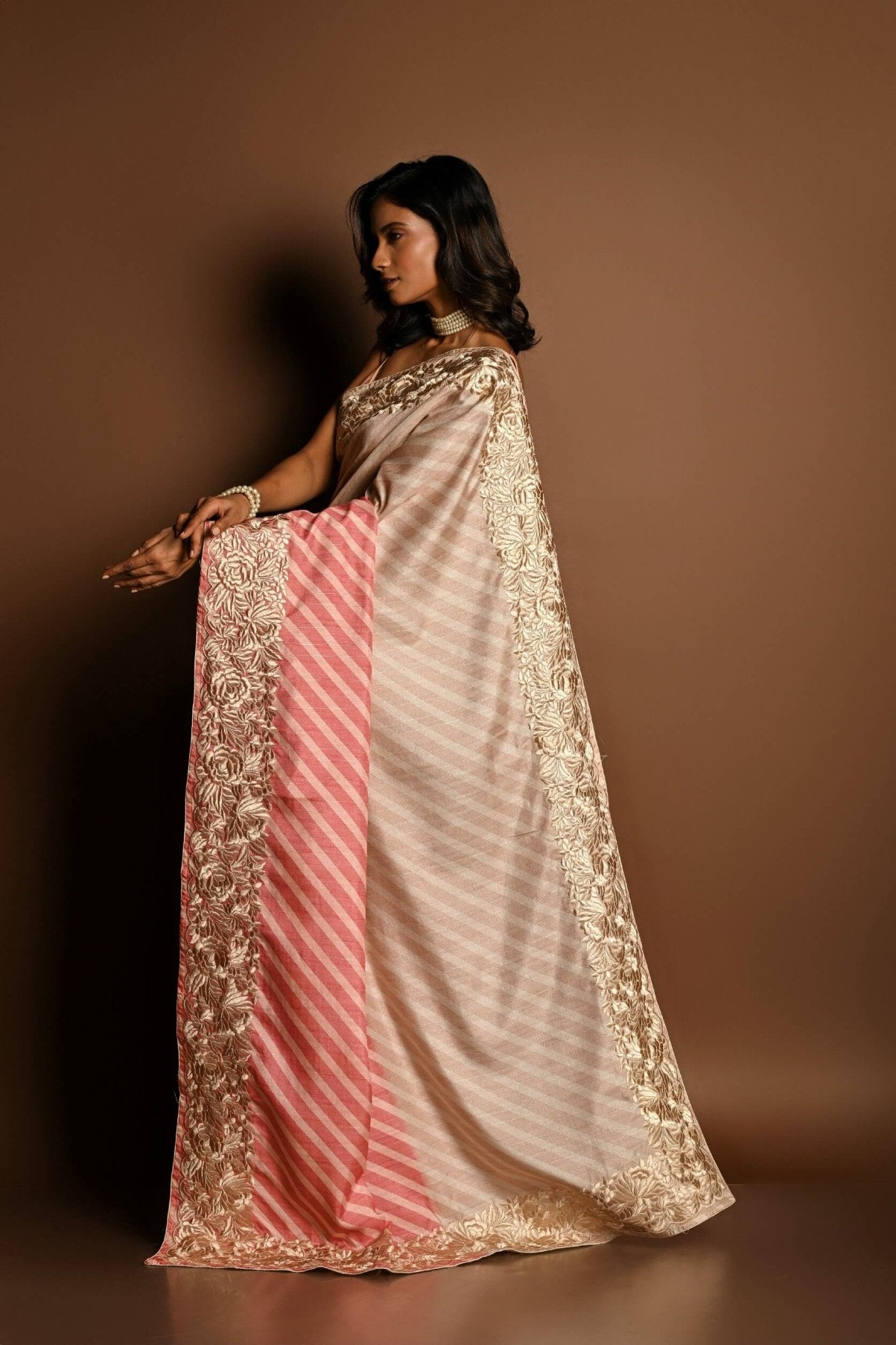 Light Pink and White Parsi Gara Embroidered Saree - Anvi Couture