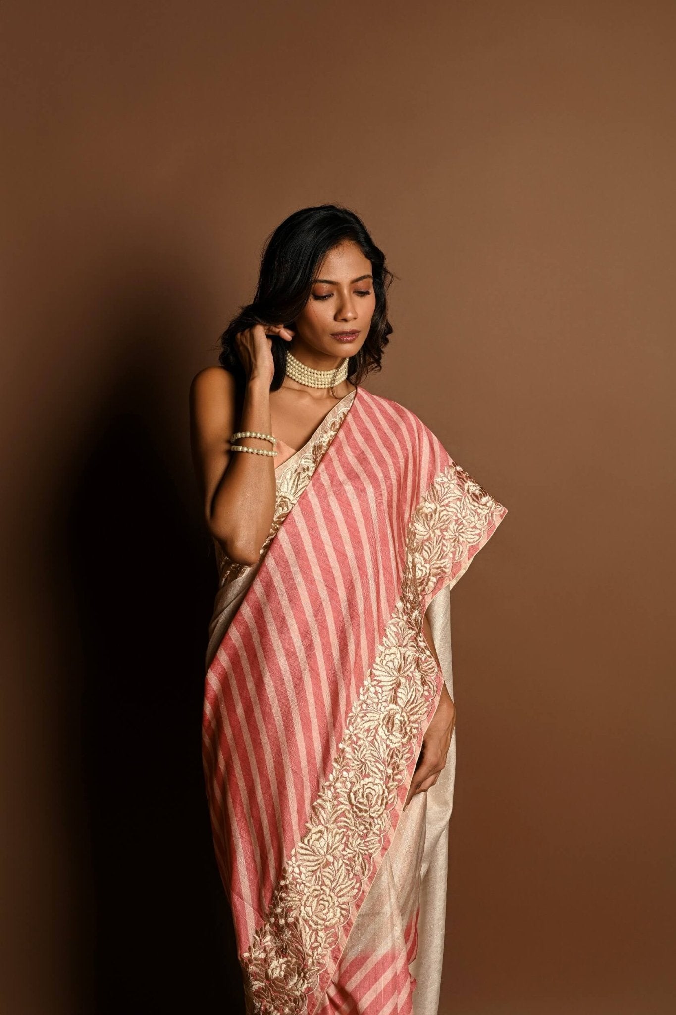 Light Pink and White Parsi Gara Embroidered Saree - Anvi Couture