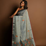 Grey Pure Linen Saree with Floral Resham Thread Embroidery Work - Anvi Couture