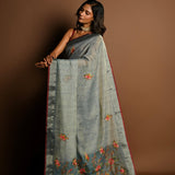 Grey Pure Linen Saree with Floral Resham Thread Embroidery Work - Anvi Couture