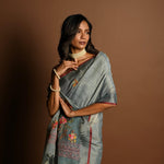 Grey Pure Linen Saree with Floral Resham Thread Embroidery Work - Anvi Couture