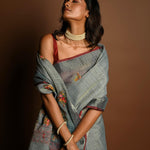 Grey Pure Linen Saree with Floral Resham Thread Embroidery Work - Anvi Couture