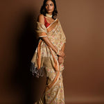 Cream Color Jamdani Saree with All Over Floral Weaving - Anvi Couture