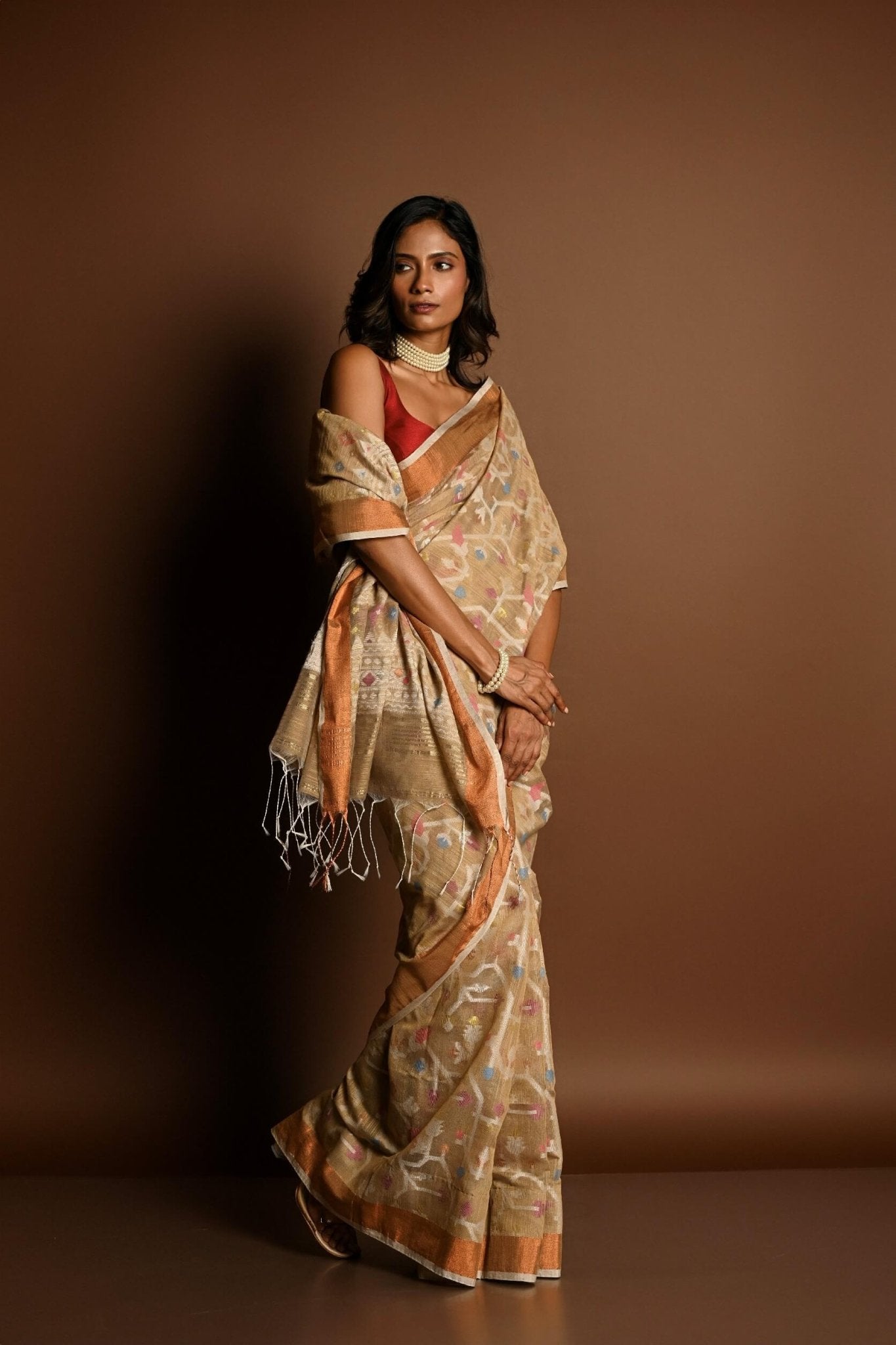 Cream Color Jamdani Saree with All Over Floral Weaving - Anvi Couture