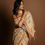 Cream Color Jamdani Saree with All Over Floral Weaving - Anvi Couture