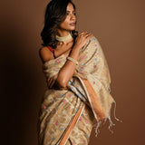 Cream Color Jamdani Saree with All Over Floral Weaving - Anvi Couture