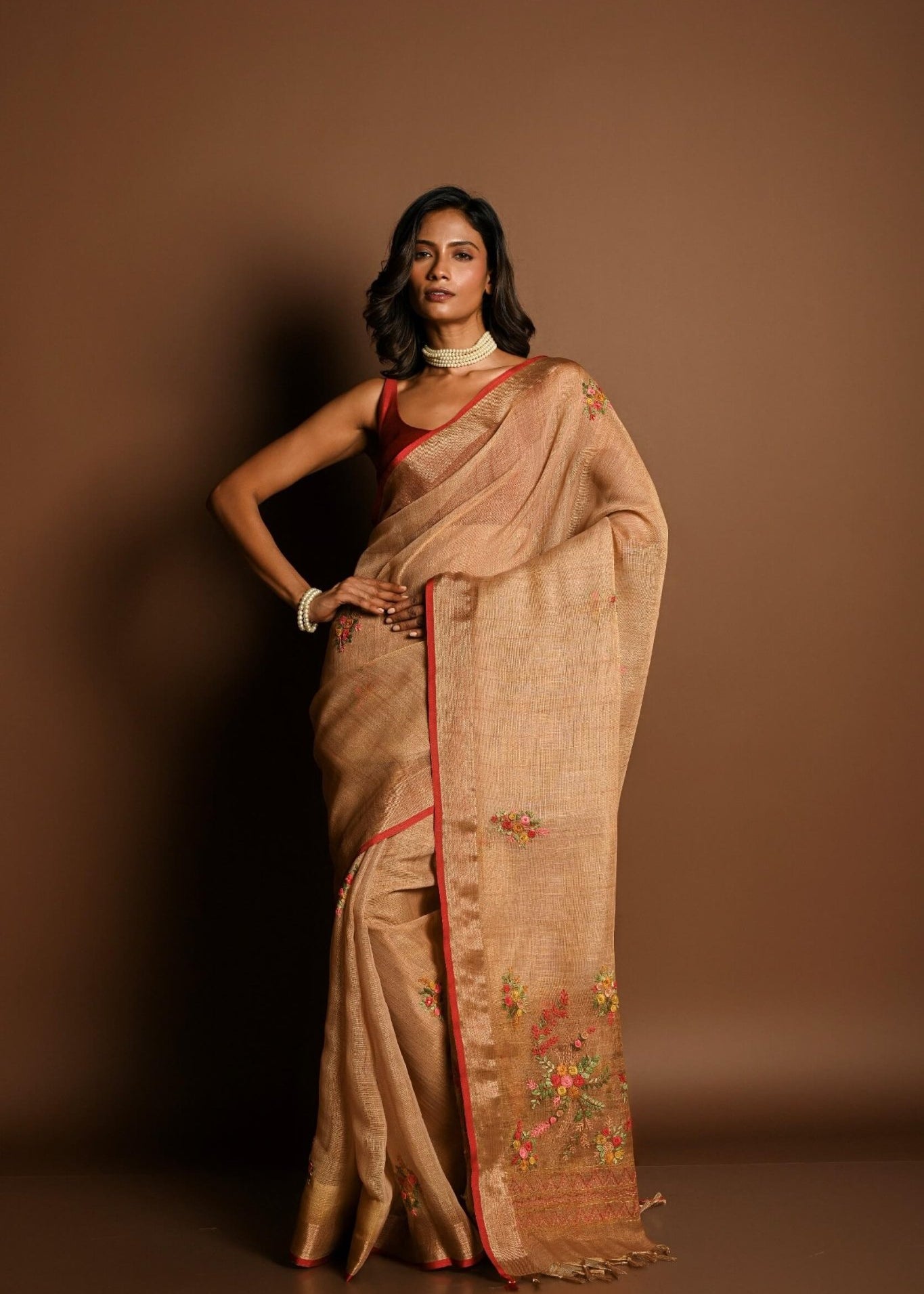Light Brown Pure Linen Saree with Floral Resham Thread Embroidery Work - Anvi Couture