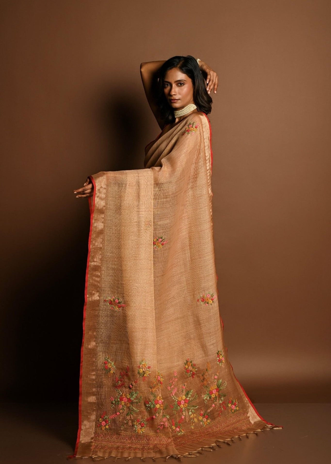 Light Brown Pure Linen Saree with Floral Resham Thread Embroidery Work - Anvi Couture