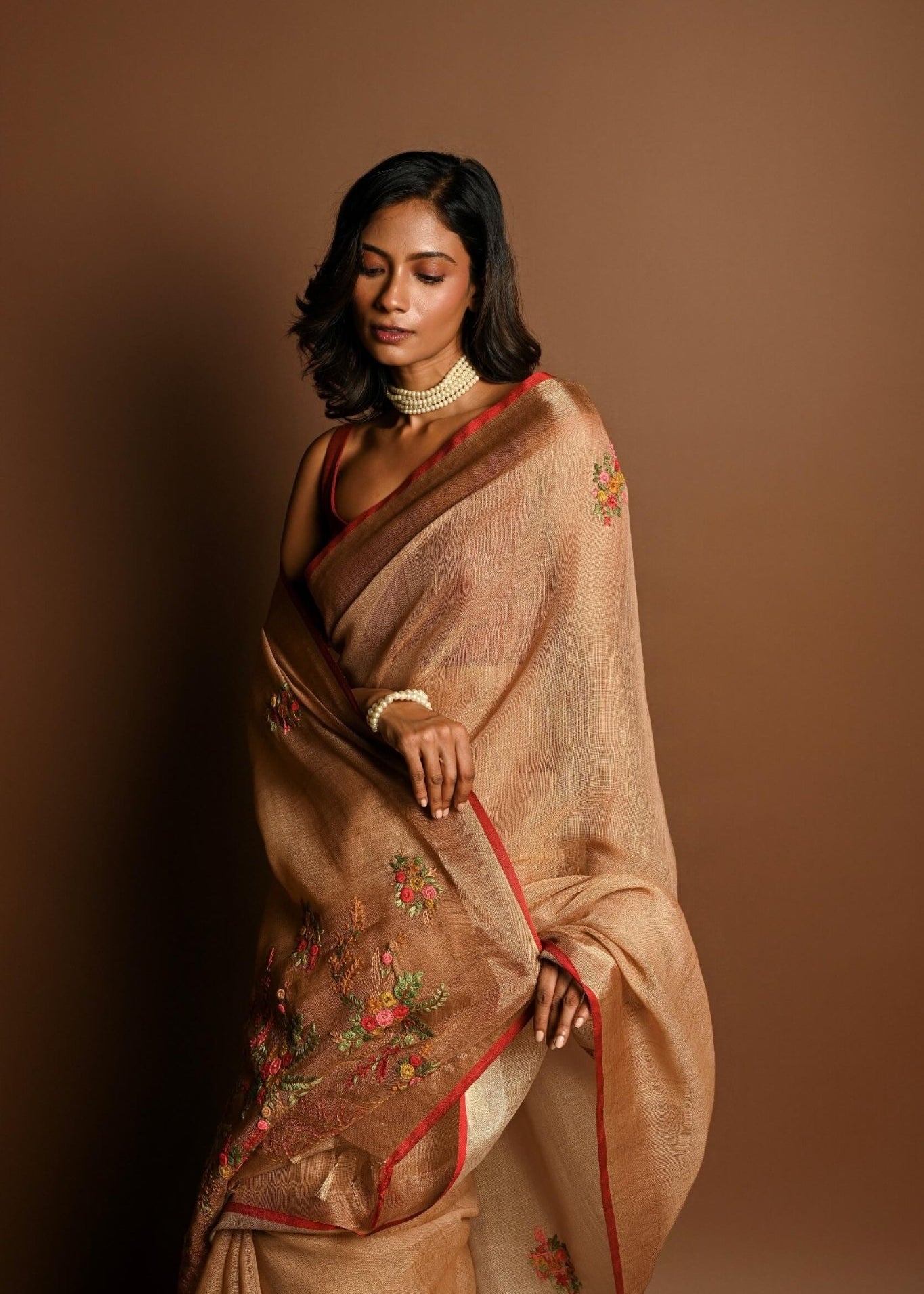 Light Brown Pure Linen Saree with Floral Resham Thread Embroidery Work - Anvi Couture